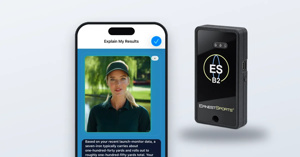 ES Range AI golf app showing Explain My Results next to an Ernest Sports launch monitor