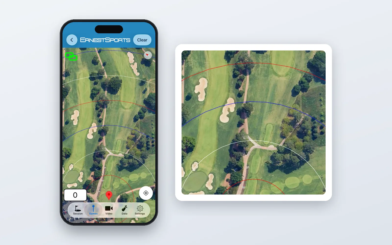 ES Range GPS mode with targets and launch monitor distance rings over a driving range